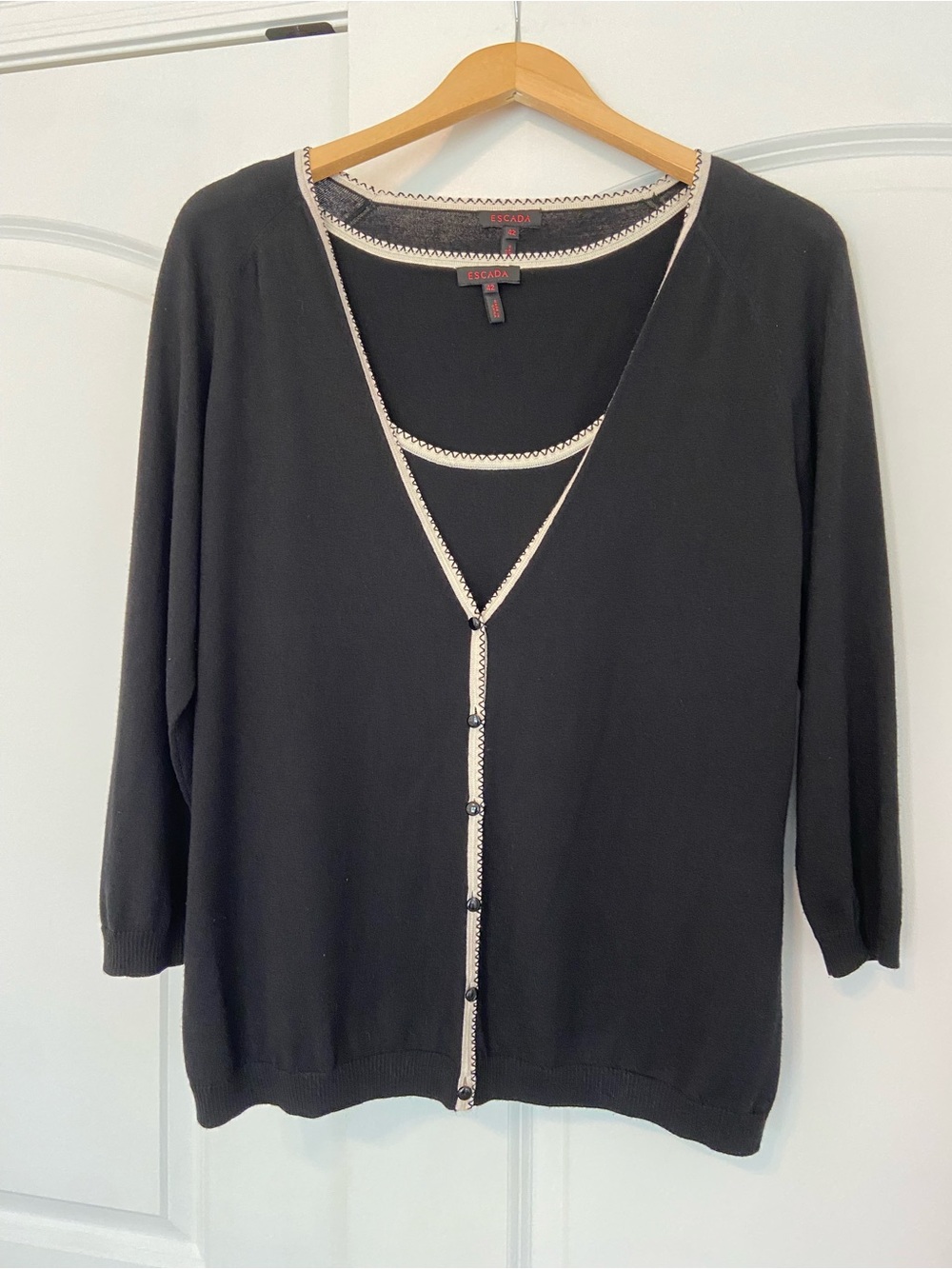 Vintage Escada Silk Cashmere Cardigan Set Black Ivory Trim 90s Luxury Sz 42 L